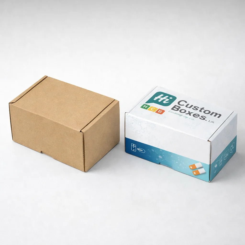 Two small rectangular mailing boxes, one natural brown Kraft and one with custom printed branding. class=